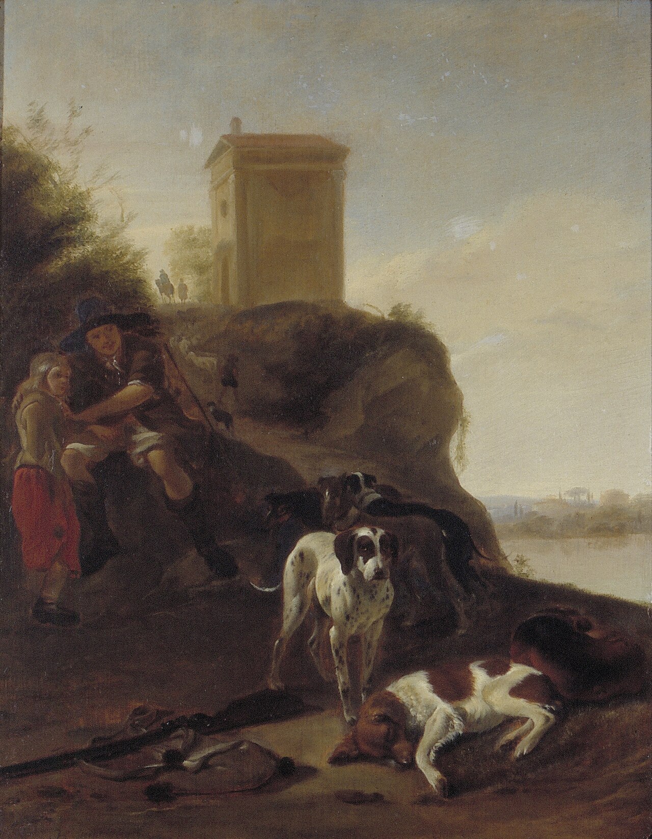 Hunters and Dogs in an Italian Landscape by Hendrik Verschuring