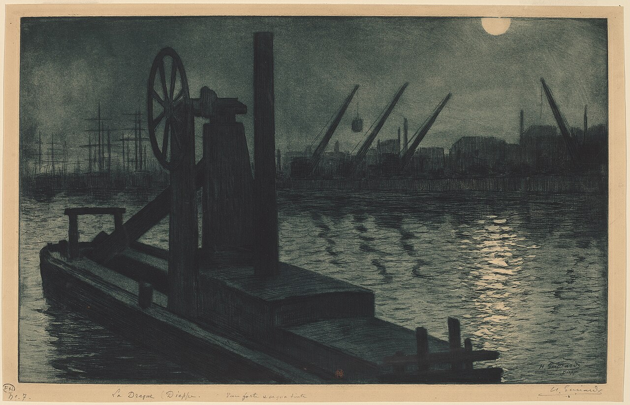 La Drague Dieppe (A Dredger in Dieppe Harbor by Moonlight) by Henri Guérard