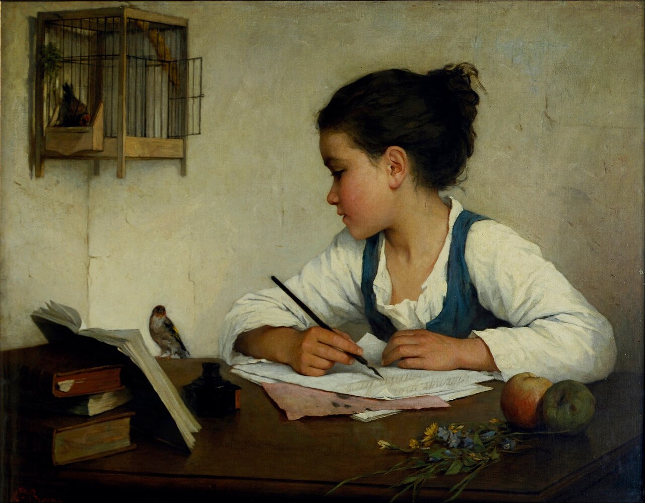 A Girl writing; The Pet Goldfinch by Henriette Browne