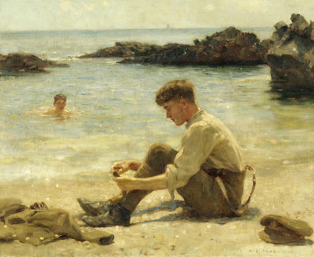 A Cadet (possibly T. E. Lawrence) at Newporth Beach, near Falmouth by Henry Scott Tuke