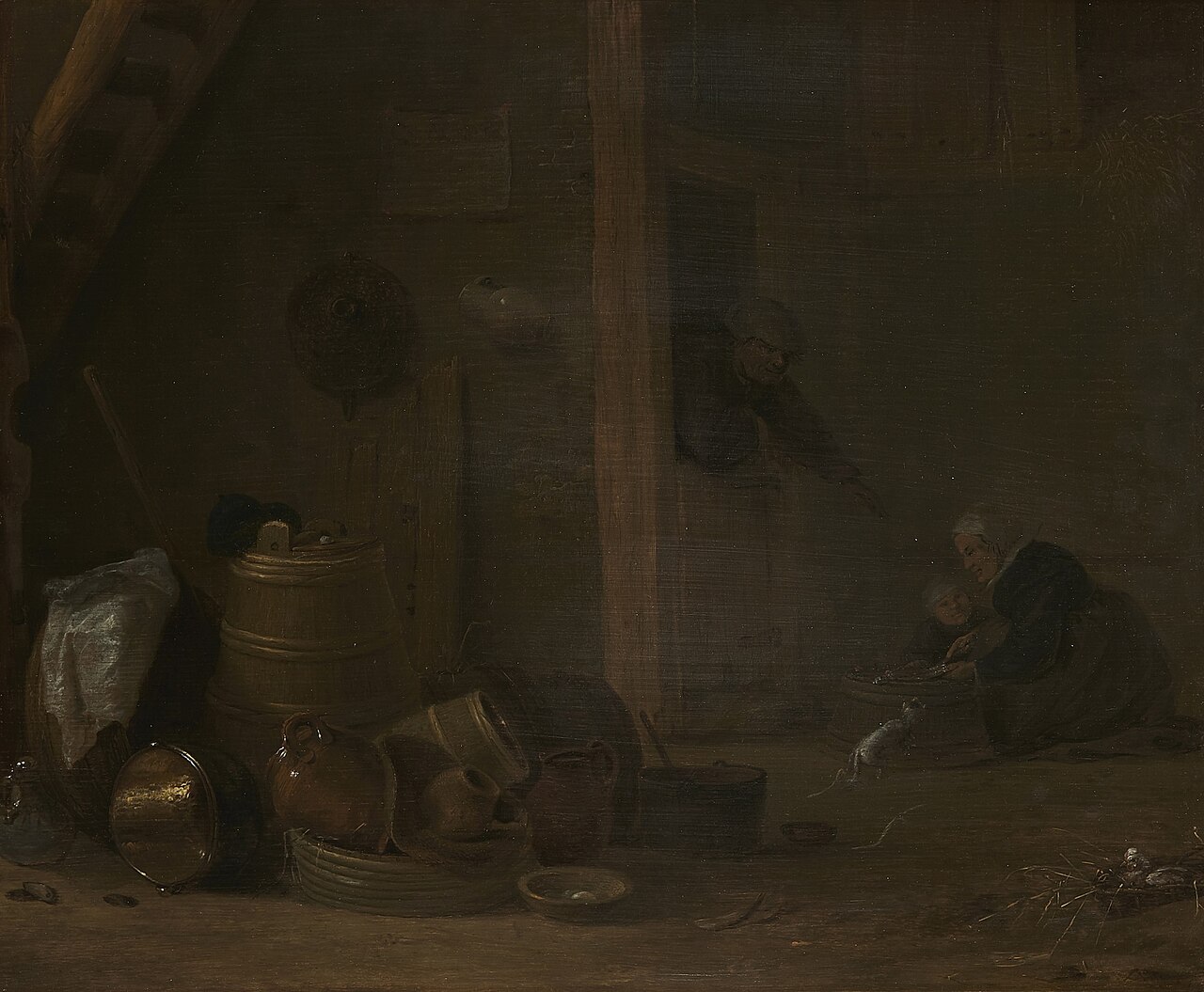 A barn interior with a still life with kitchen utensils in the foreground, together with a woman and a child preparing food in the background, and a man leaning in a doorway by Herman Saftleven