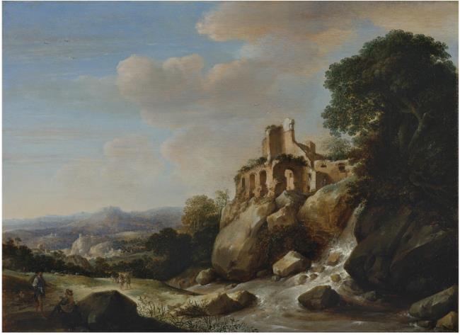 A wide landscape with travellers, a river and a ruin by Herman Saftleven