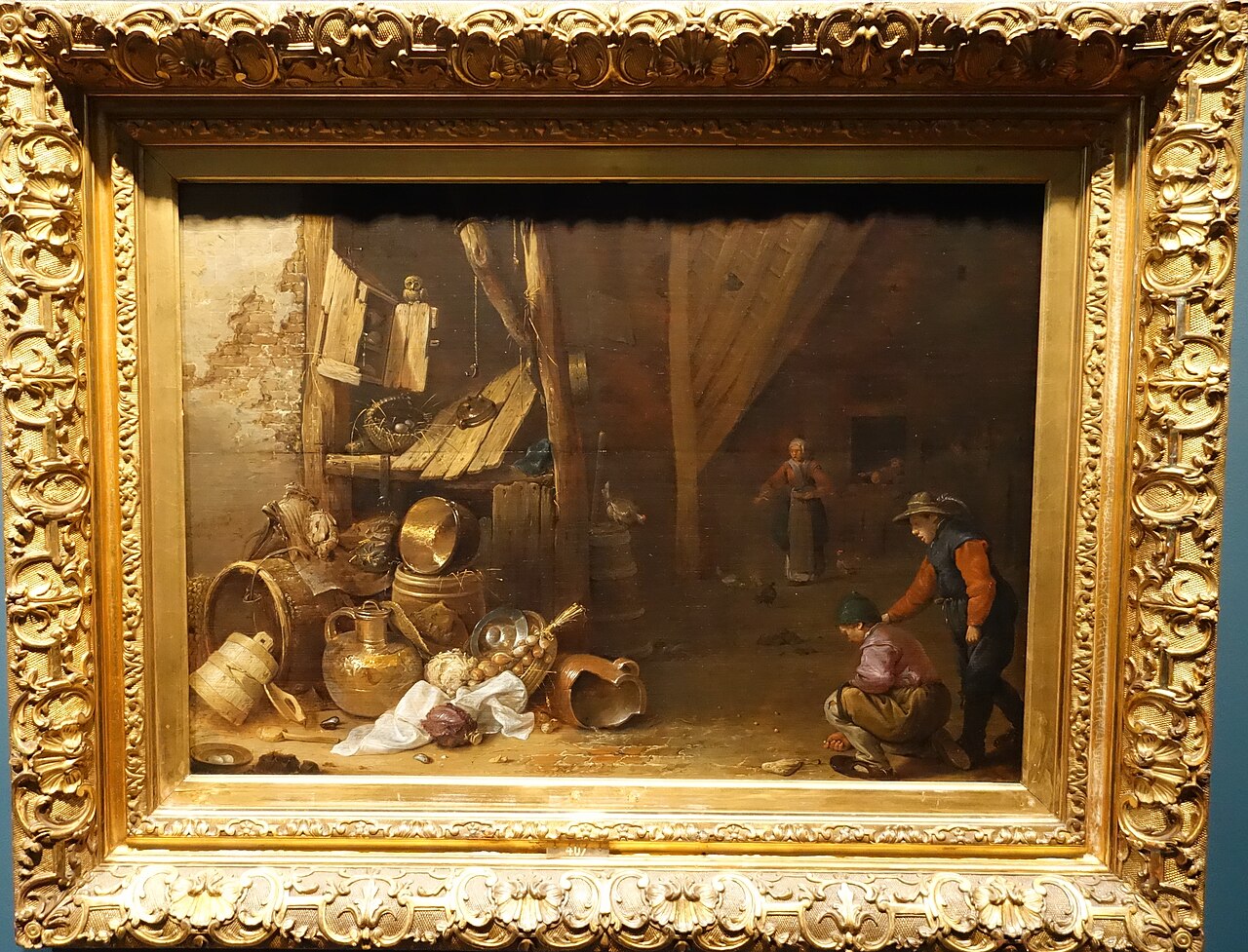 Farmhouse interior with boys playing marbles by Herman Saftleven
