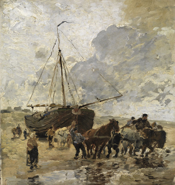 Katwijk fisherman pulling a Bomschuit from the Schuitengat into the Sea by Hermann Baisch