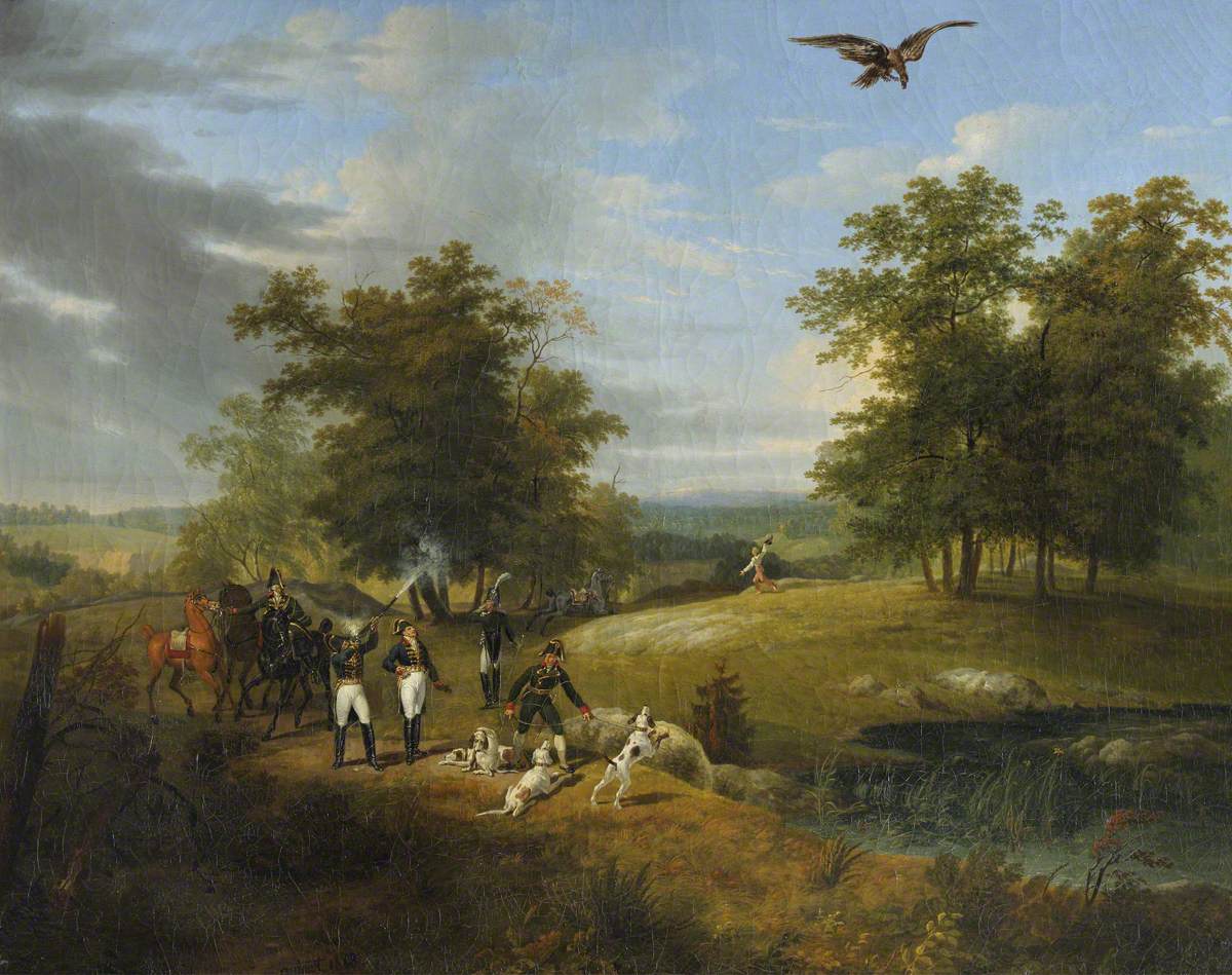 Charles Ferdinand d’Artois, Duc de Berry (1778-1820) shooting an Eagle in the Forest of Fontainebleau by Hippolyte Lecomte
