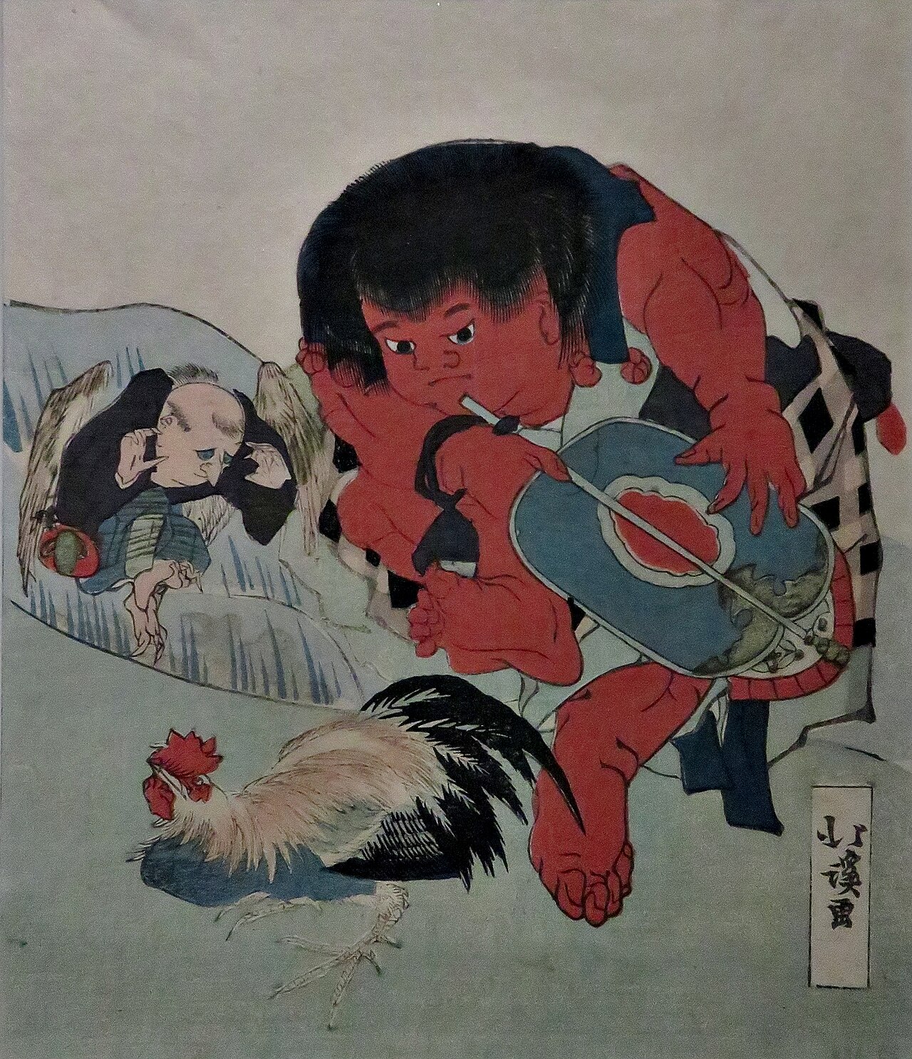 Kintarō arbitrating a fight between a tengu and a cock by Hokkei