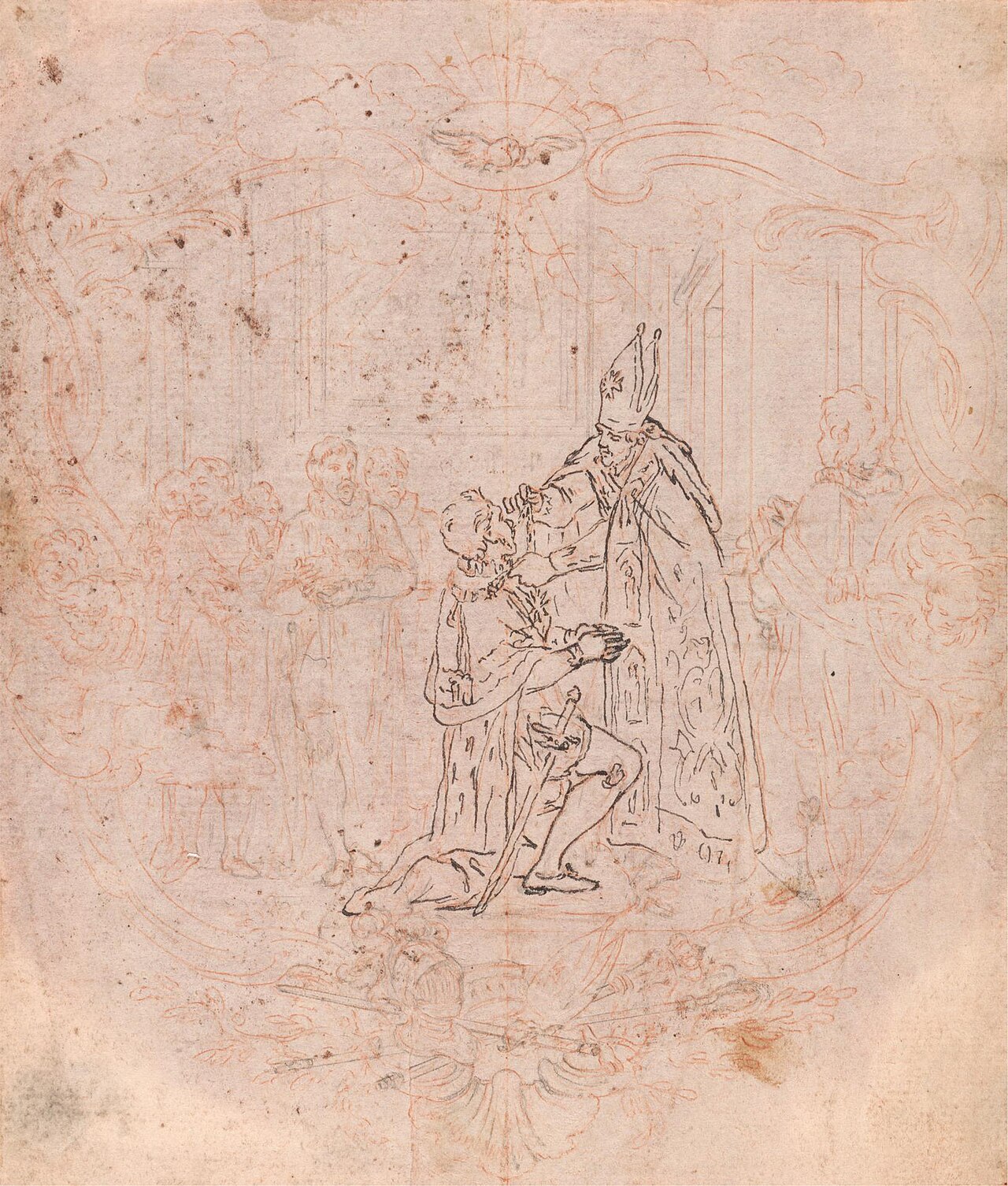 Design for a Frontispiece: A Bishop Conferring an Honor, Scene Within a Cartouche by Hubert-François Gravelot