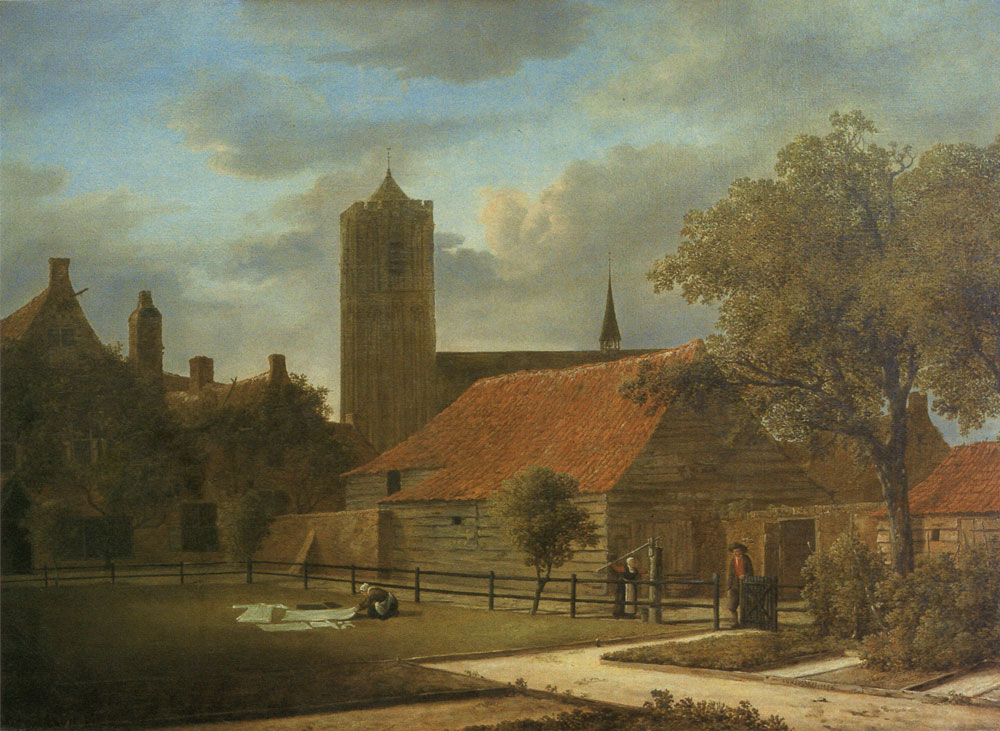 Naarden, a view of the Grote Kerk and a courtyard with a woman laying out linen by Isaack van Ruisdael