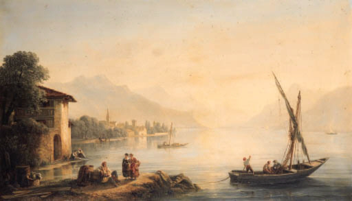 A Swiss lake landscape with fishermen in the foreground, a town beyond by Isidore Dagnan