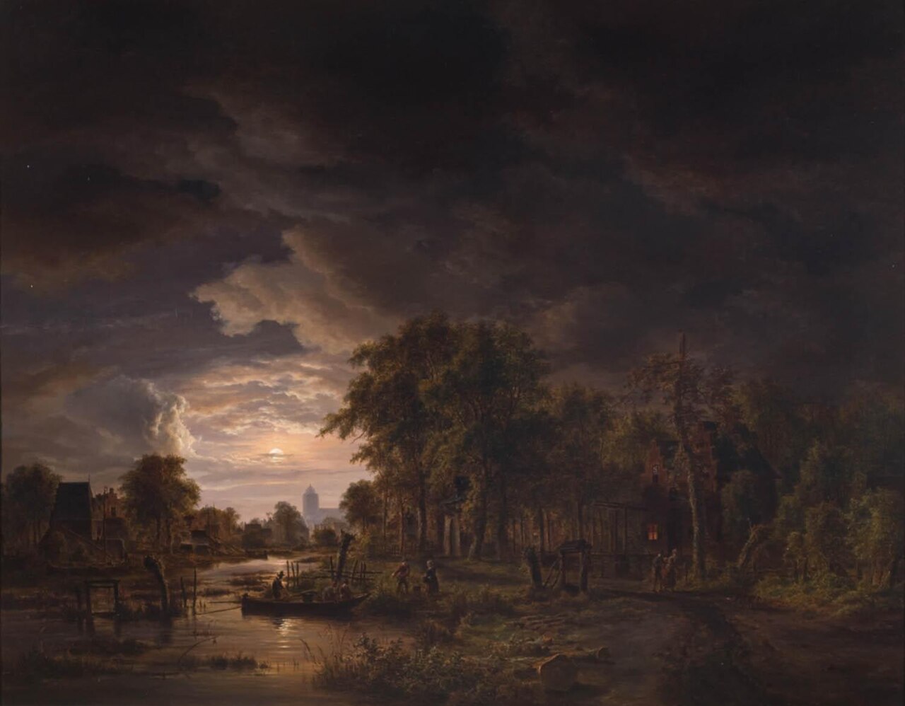 Moonlit Village by a River by Jacob Abels