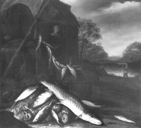 Fish still life before a landscape with fishermen by Jacob Gillig