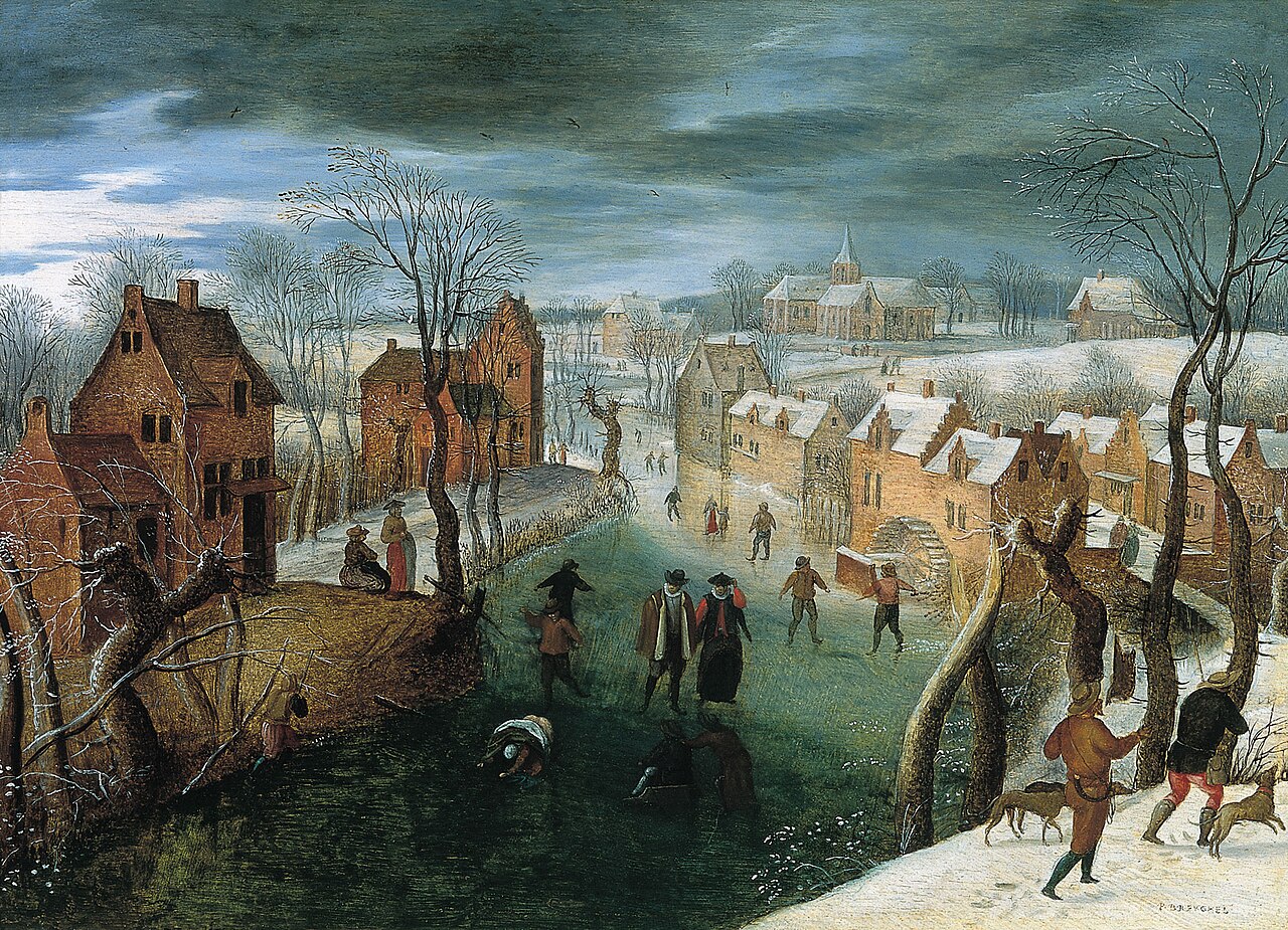 A Winter Landscape with a Village, Skaters on a Frozen River, and Hunters in the Foreground by Jacob Grimmer