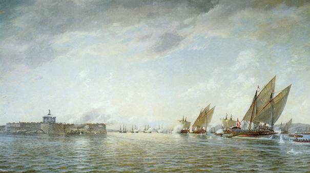 Danish naval forces attacking the Swedish fortress New Älvsborg in the harbour of Gothenburg in 1717. by Jacob Hägg