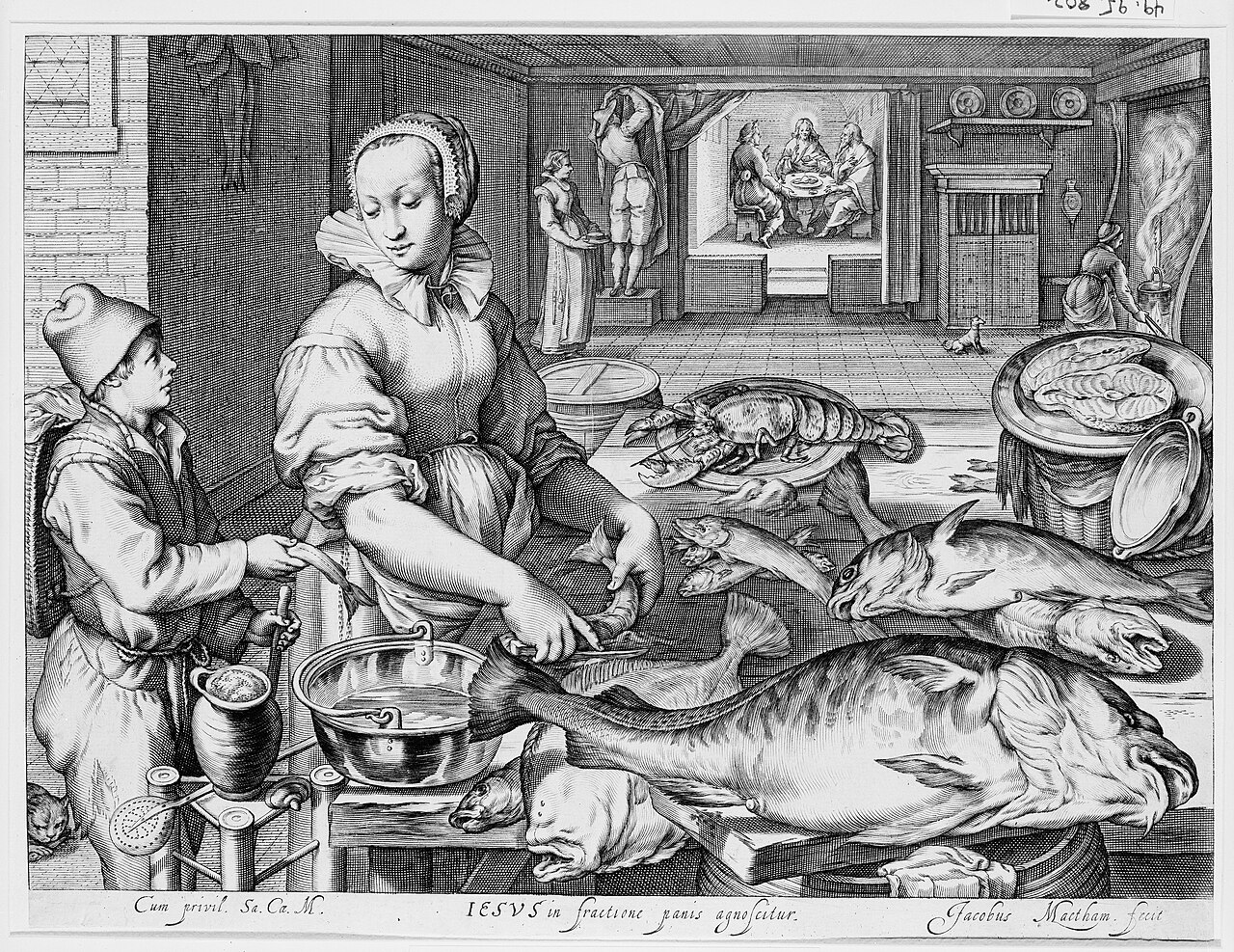 Kitchen Scene with Kitchen Maid Preparing Fish, Christ at Emmaus in the Background, from Kitchen and Market Scenes with Biblical Scenes in the Background by Jacob Matham