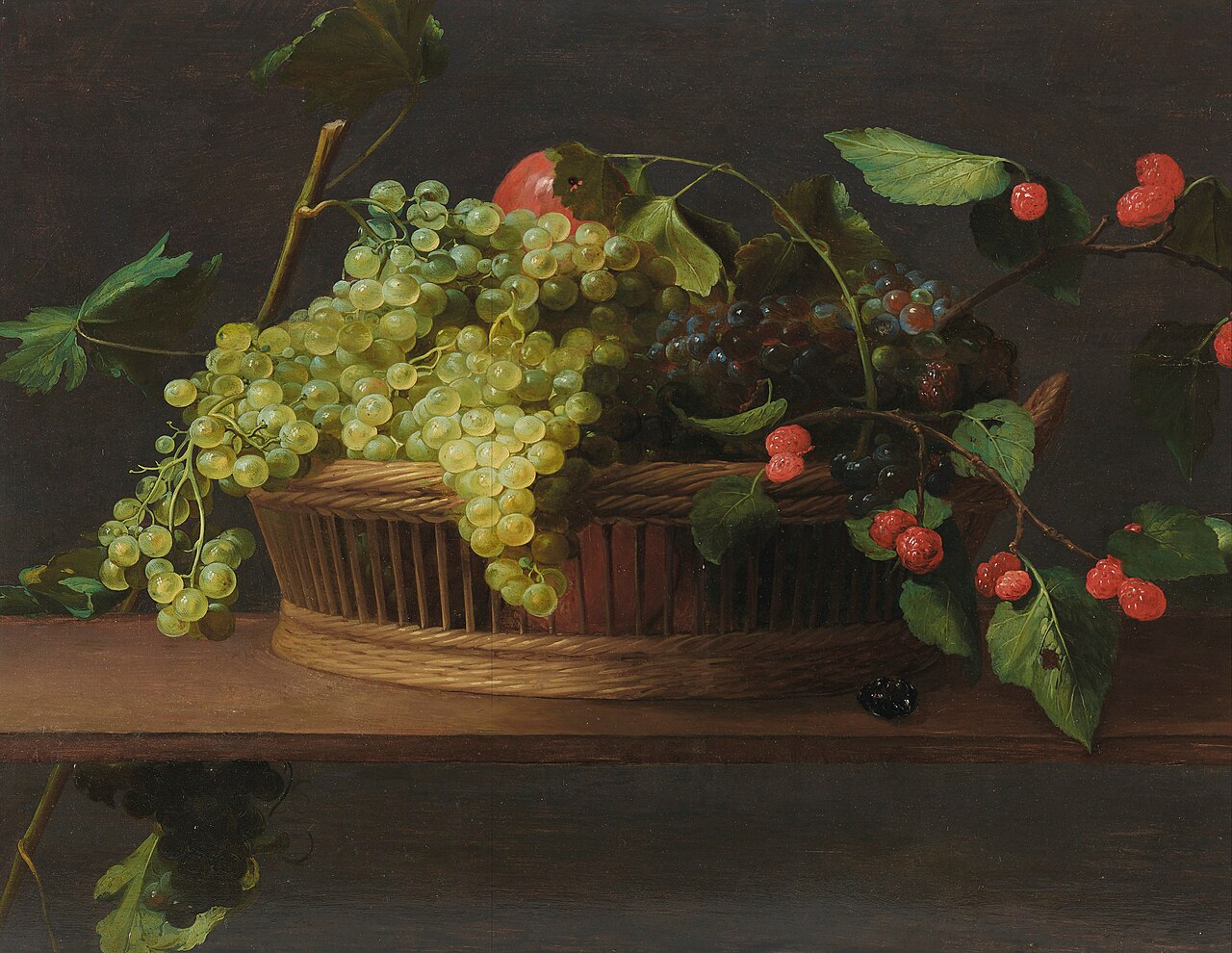 A basket of grapes and raspberries on a ledge by Jacob van Es