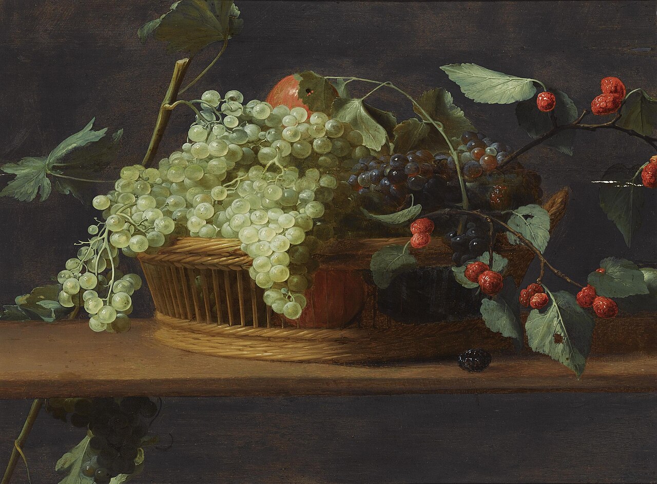 Still life of grapes and blackberries in a basket by Jacob van Es
