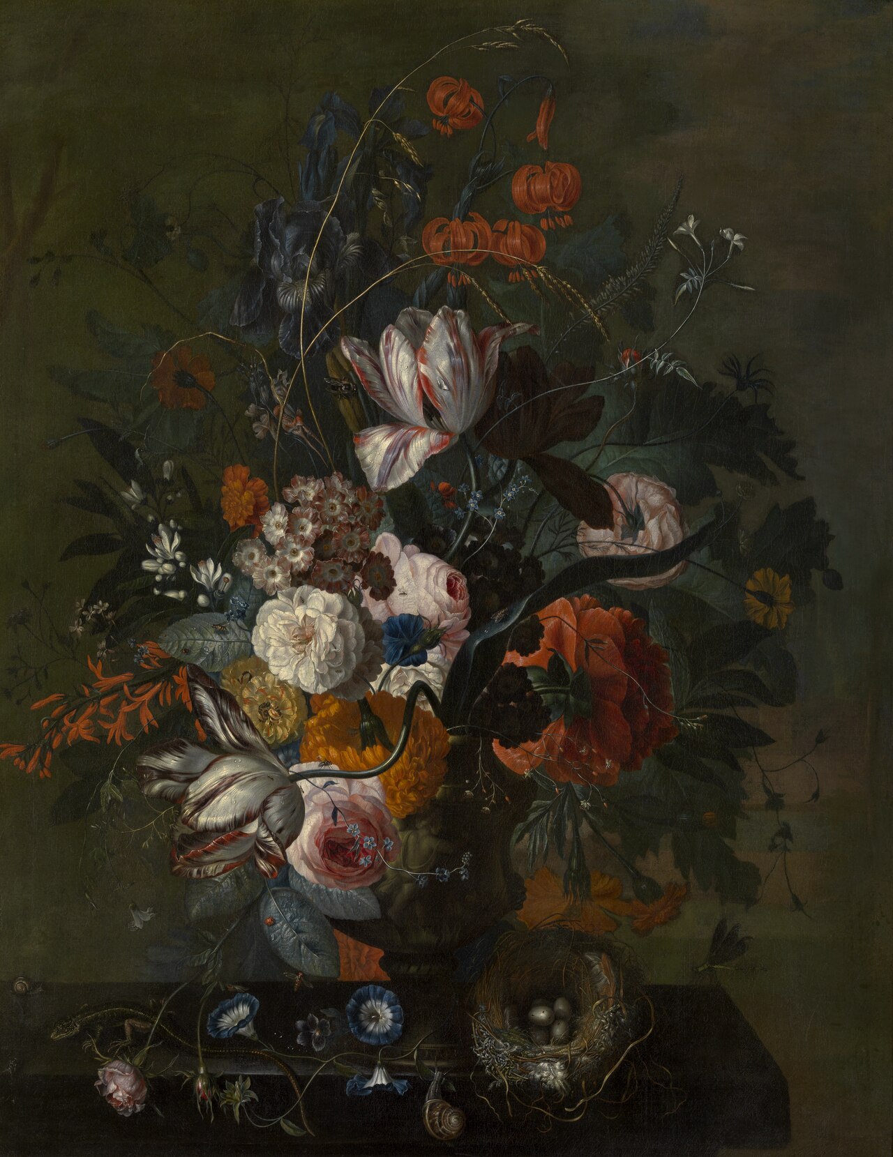 Still Life of flowers in a terracotta vase on a stone plinth by Jacob van Huysum