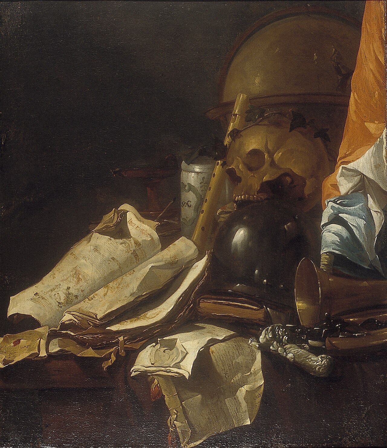 Vanitas still life with skull, glass sphere and flag by Jacques de Claeuw