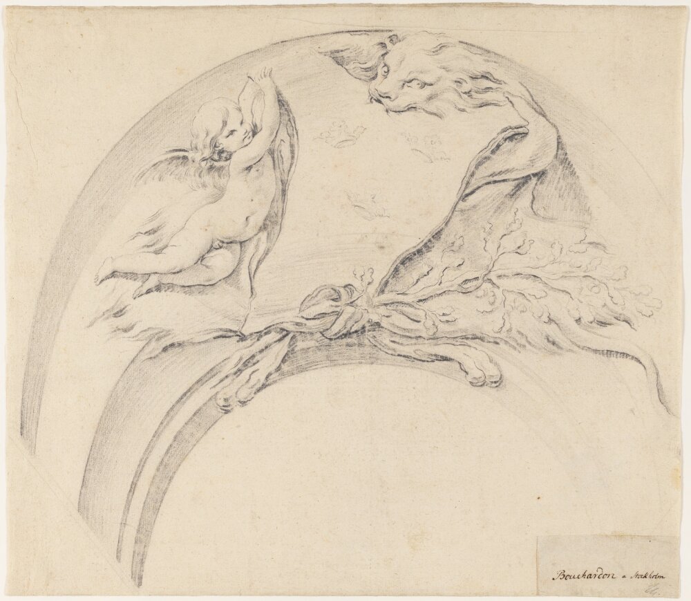 The Coat of Arms of Sweden Held by a Lion and a Genius by Jacques-Philippe Bouchardon