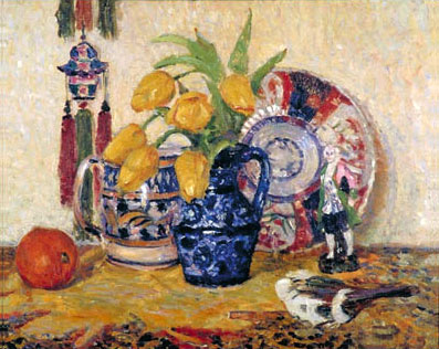 Still Life, Tulips in a Blue Jug by James Bolivar Manson