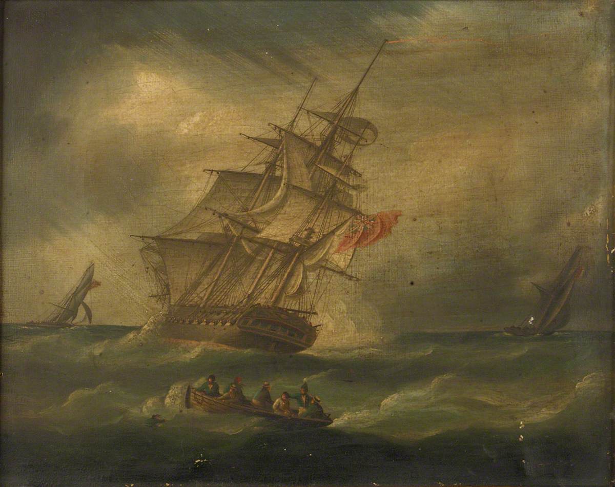 A frigate and a naval cutter chasing a French cutter, with a boat recovering a man overboard by James E. Buttersworth