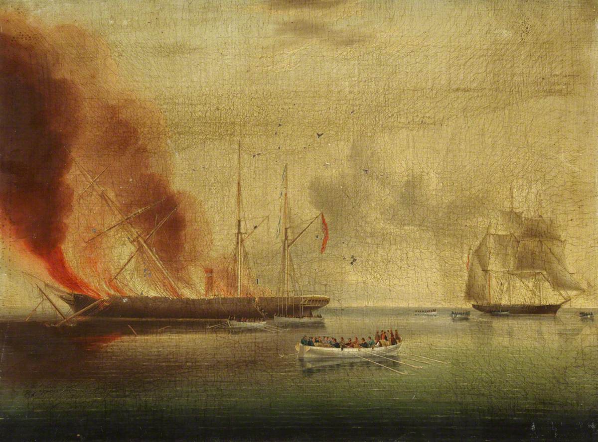 The steamship 'Glasgow' on fire off Nantucket, 31 July 1865: passengers and crew rescued by the 'Rosamund' by James E. Buttersworth