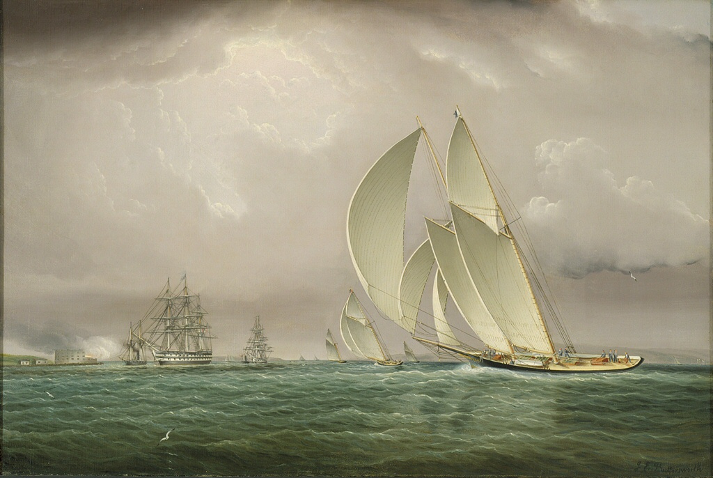 Yachting Race in New York Harbor with Naval Salute at Castle William on Governor's Island by James E. Buttersworth