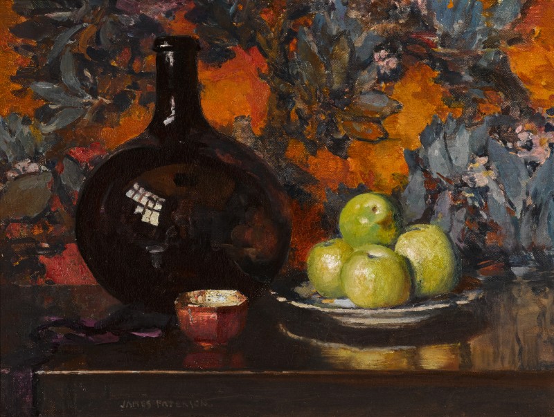 Still Life of a Black Bottle and Apples by James Paterson