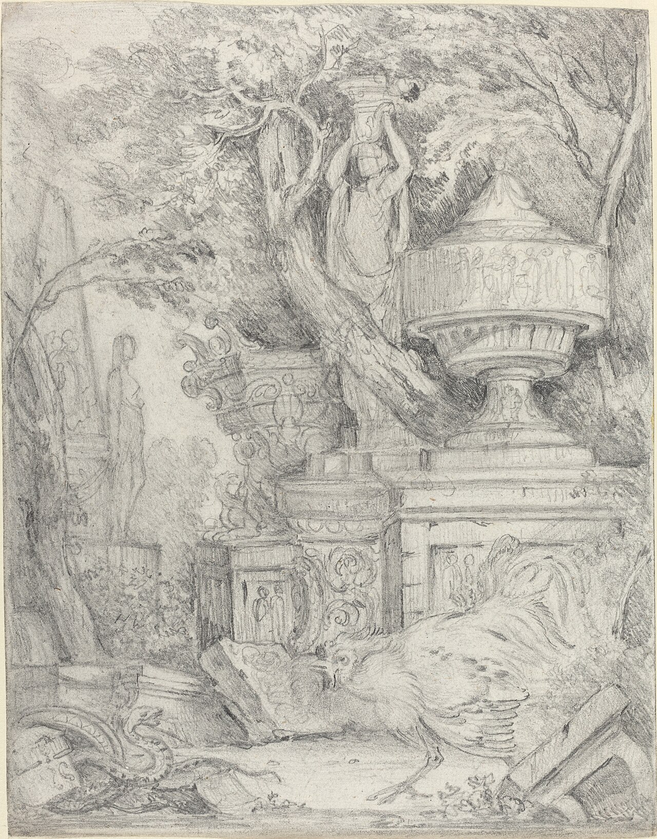 Ancient Sculptures with a Cock Fighting a Snake by James Stuart