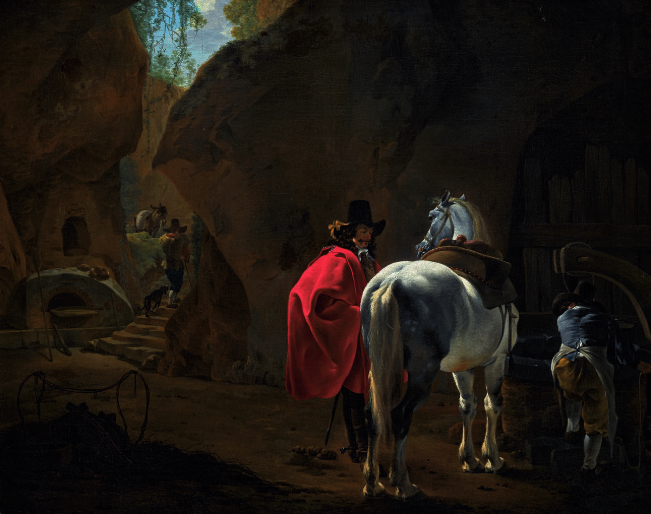 A gentleman with a grey horse in a cavernous landscape by Jan Asselijn