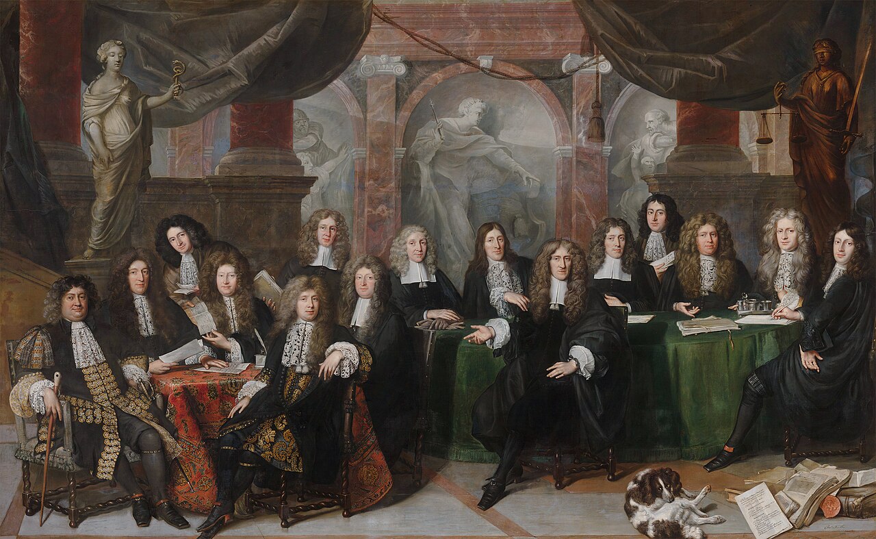 Group portrait of The Hague city council of 1682; on the wall a painting of Solomon's Judgement by Jan de Baen