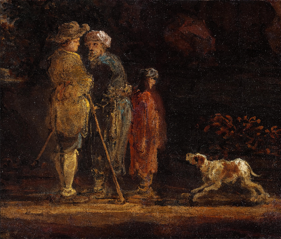 Three figures with a dog by Jan de Momper