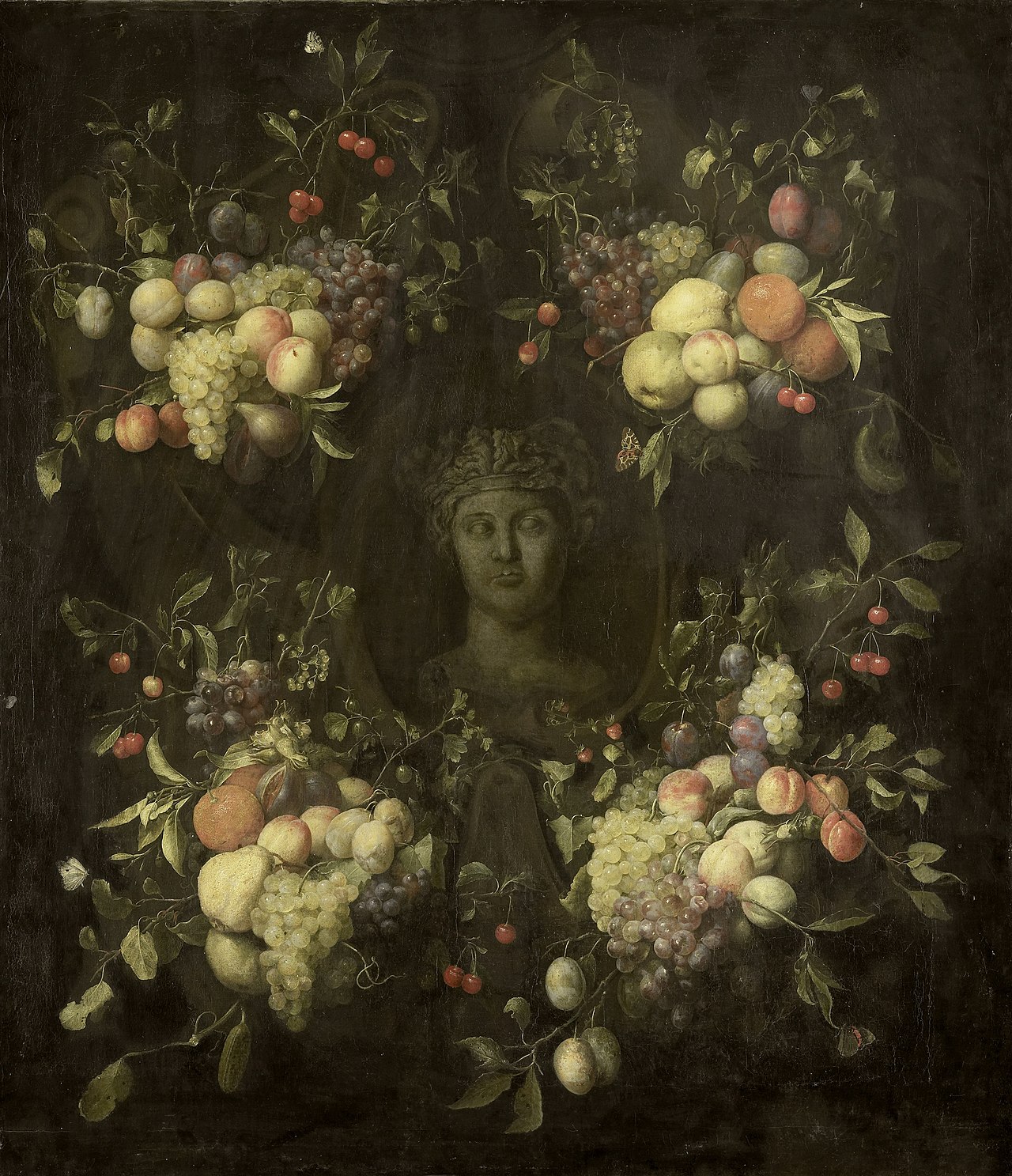 Marble Bust surrounded by a Festoon of Fruit by Jan Frans van Son