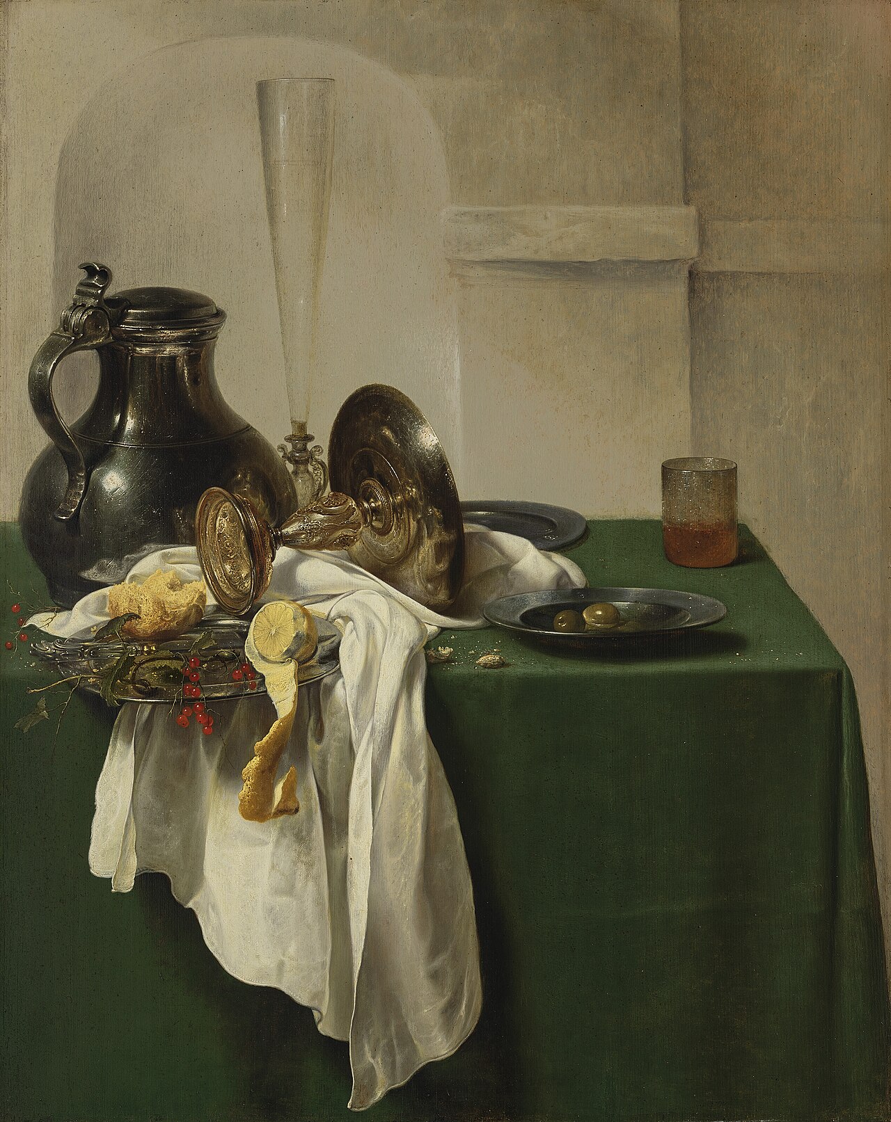 Pewter Jug and Silver Tazza on a Table by Jan Jansz den Uyl
