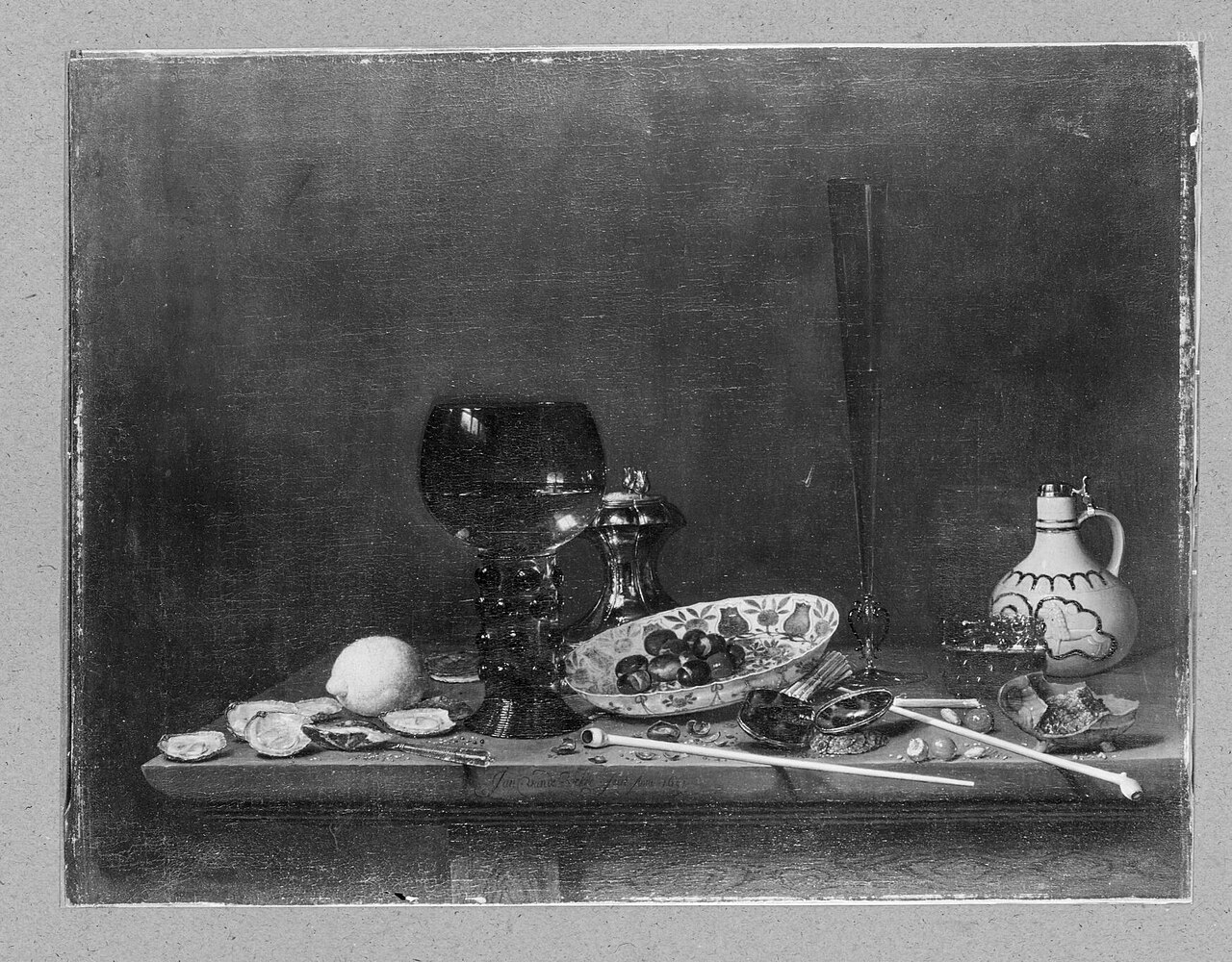 Still life with wineglass, flute, glass, earthenware jug and pipes by Jan Jansz van de Velde
