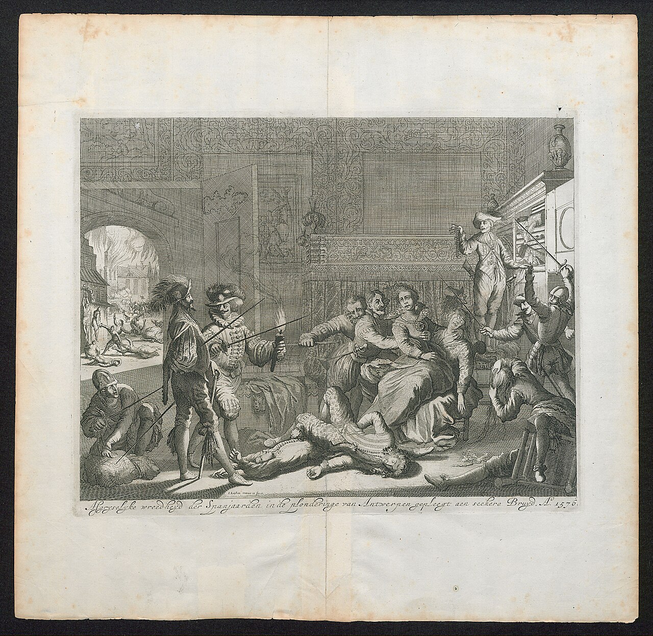 Afgryselyke wreedheyd der Spanjaarden in de plonderinge van Antwerpen gepleegt aen seekre Bruyd. A° 1576. by Jan Luyken