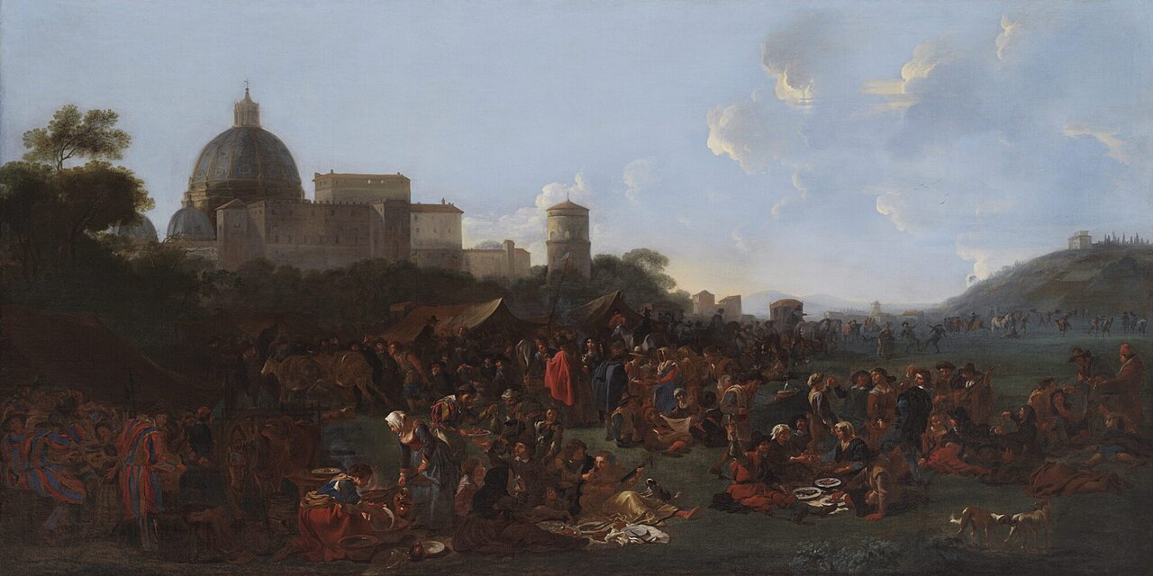 Figures Feasting at a Fair in Prati, Outside the Walls of Rome, with the Saint Peter's Basilica and Monte Mario Beyond by Jan Miel