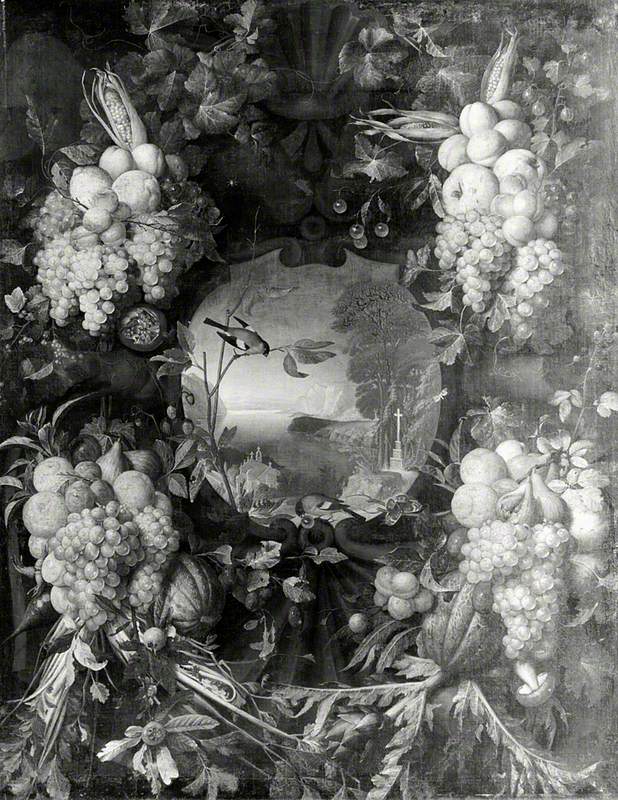 Garland of Fruit Surrounding a Cartouche Opening onto a Landscape by Jan Pauwel Gillemans the Elder
