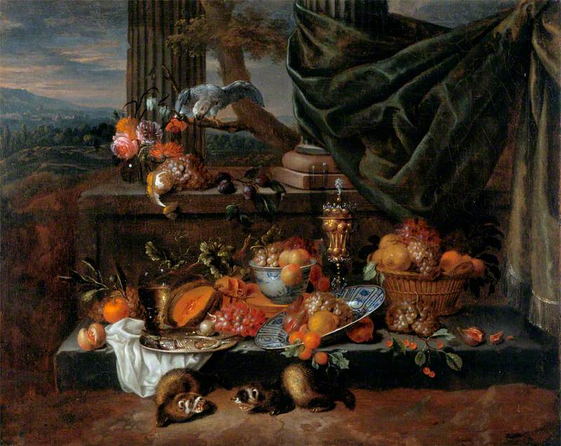 Still Life with Fruit, a Parrot and Polecat Ferrets by Jan Pauwel Gillemans the Elder