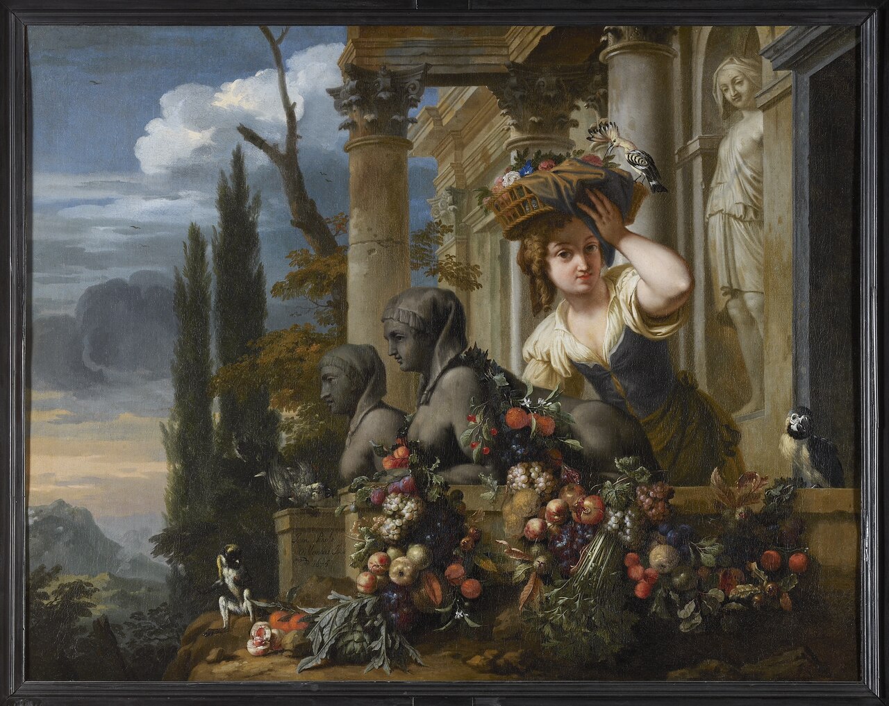 Palace facade with female figure and fruit still life by Jan Pauwel Gillemans the Younger