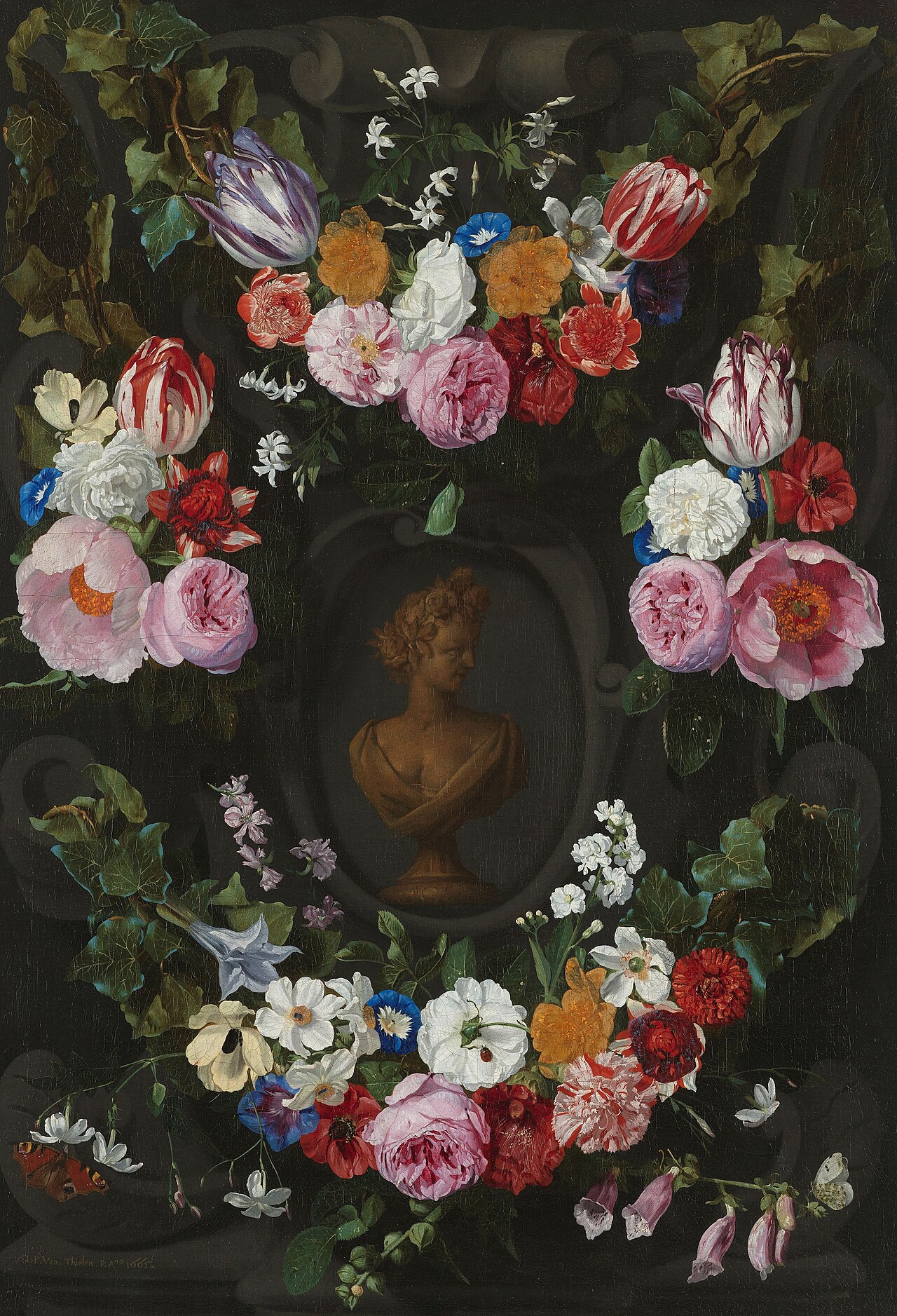 Festoon of flowers encircling a bust of Flora by Jan Philip van Thielen