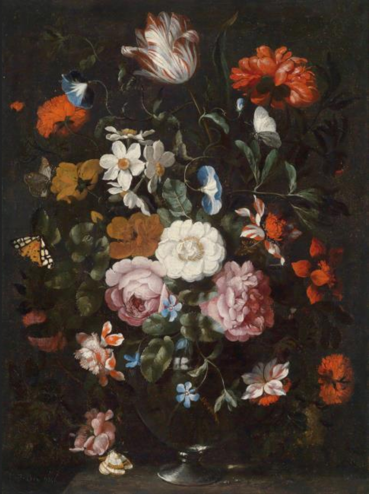 Floral still life with roses in a glass vase by Jan Pieter Brueghel