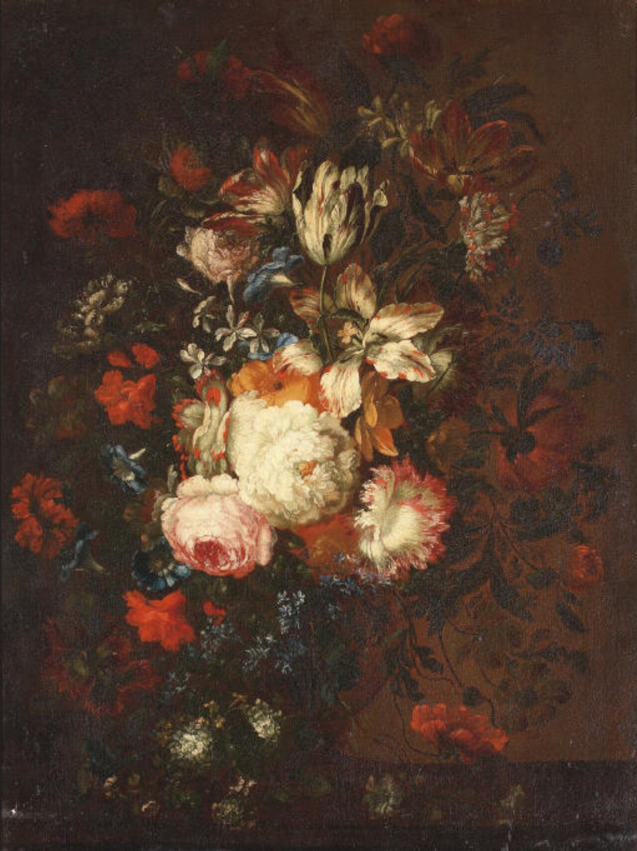 Roses, tulips, violets and other flowers in a glass vase on a wooden ledge by Jan Pieter Brueghel