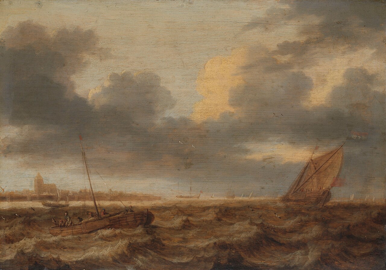 Fishing boats in choppy waters by Jan Porcellis