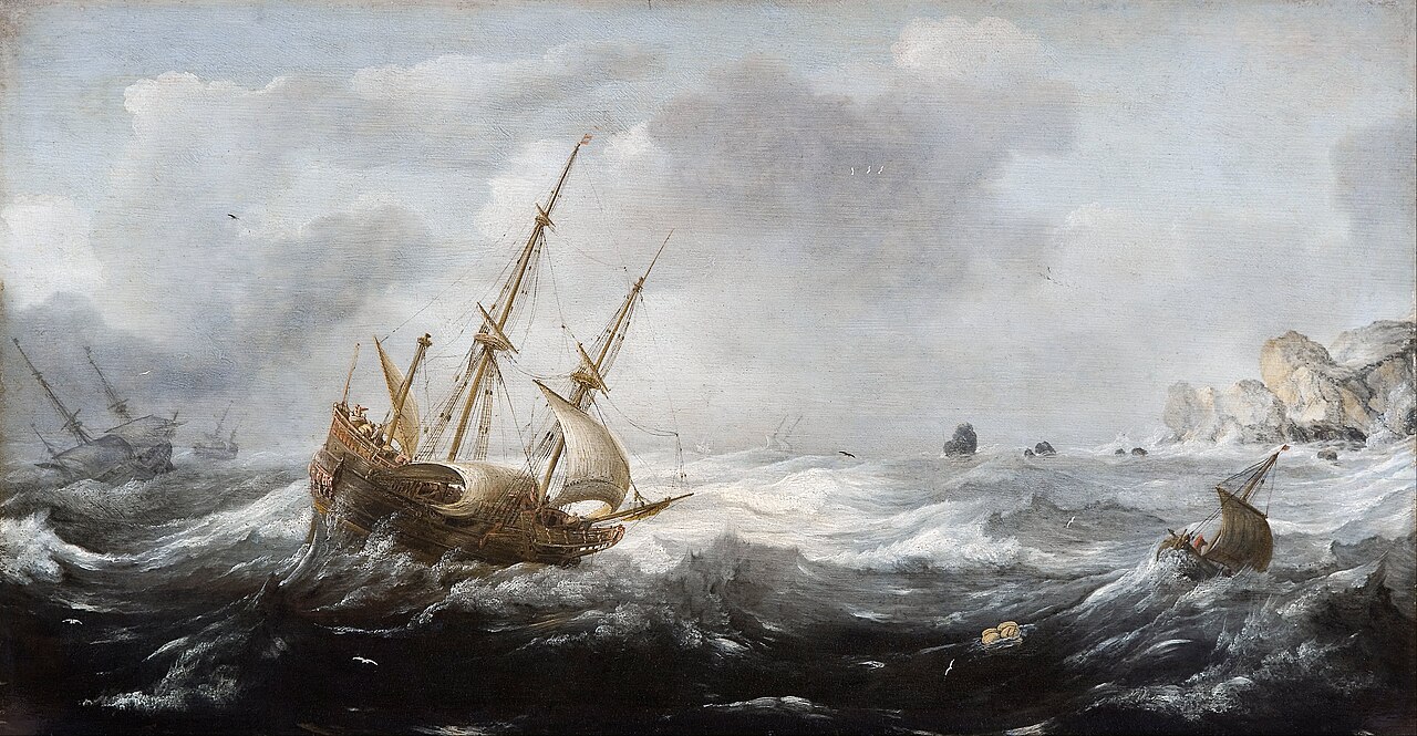 Ships in a Storm on a Rocky Coast by Jan Porcellis