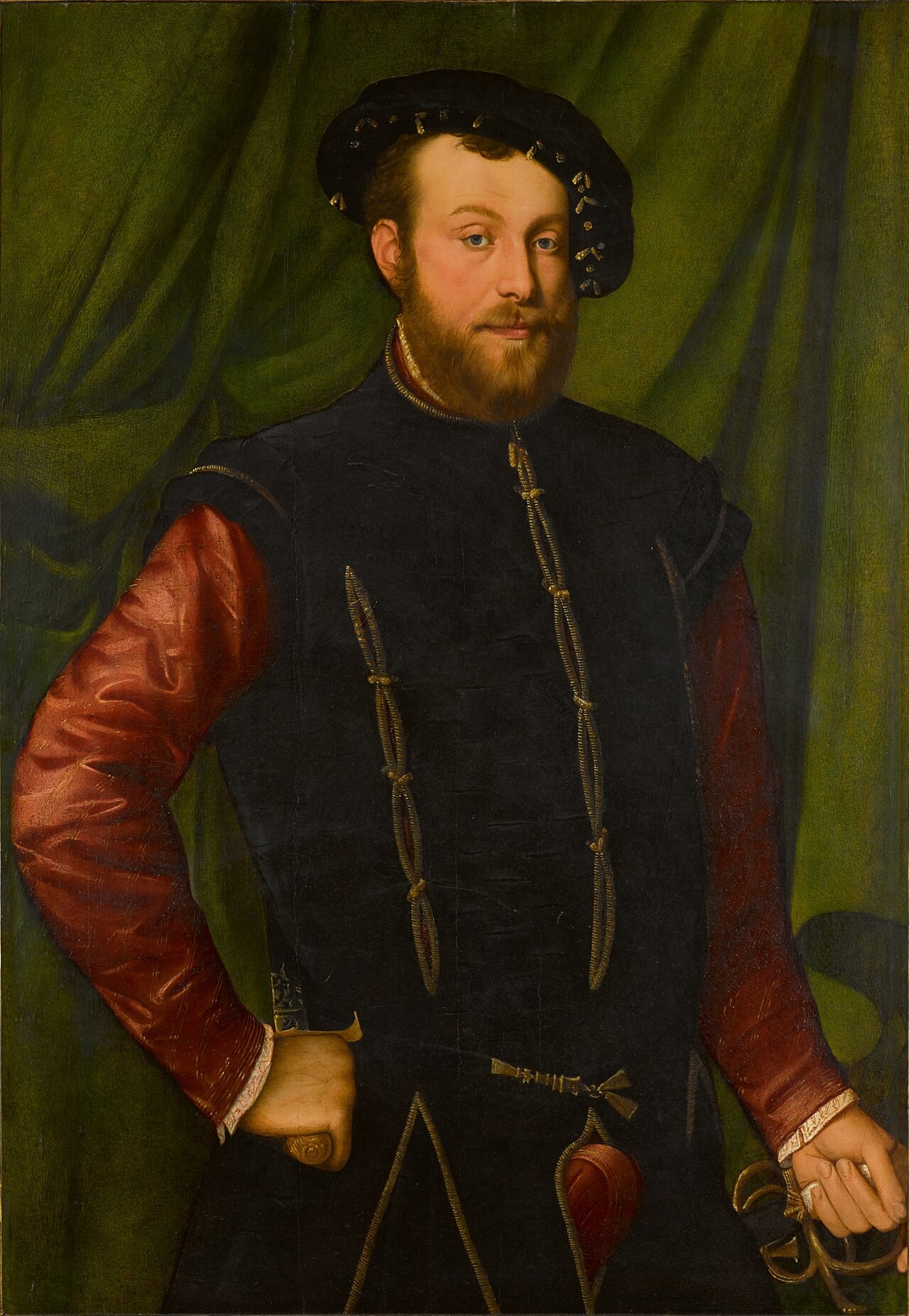 Portrait of a gentleman, three-quarter length, wearing a black cap and a black-slashed singlet over a red shirt by Jan van Calcar