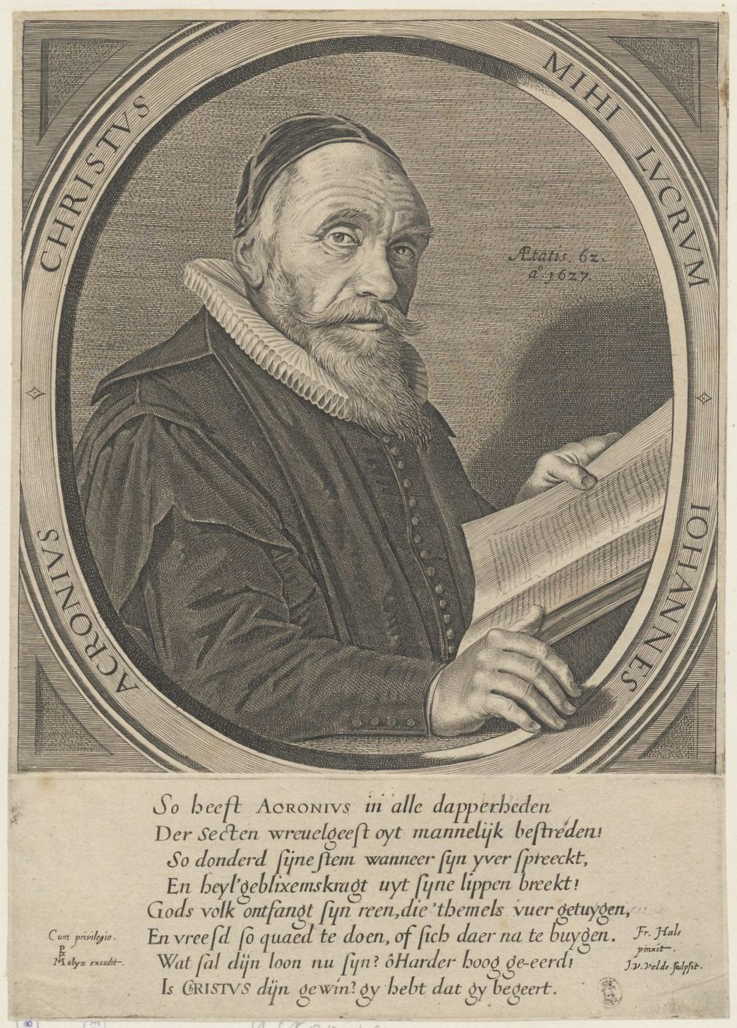 Engraving of Johannes Acronius after Frans Hals by Jan van de Velde