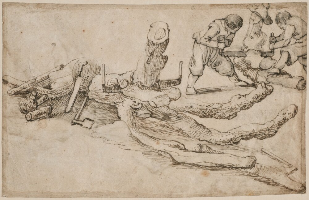 Woodcutters Cutting Up a Tree Trunk by Jan van de Velde