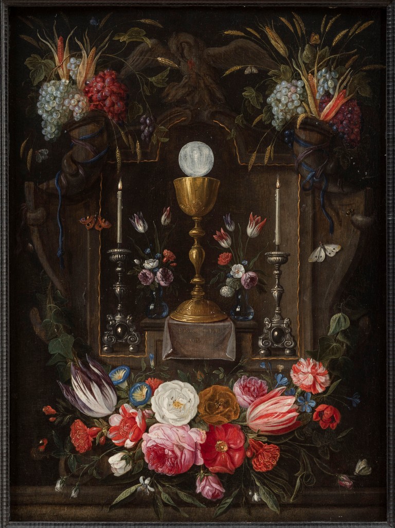 Altar niche with the symbols of the Eucharist with flowers and fruits by Jan van Kessel the Younger