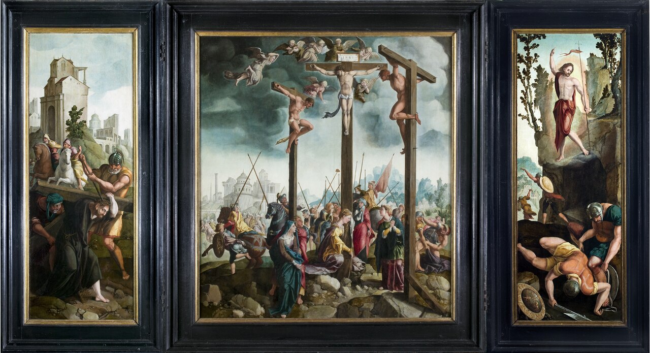 Triptych: Carrying the cross (left wing), Crucifixion (centre panel), Resurrection (right wing), Agony in the garden and Flagellation (shutters) by Jan van Scorel